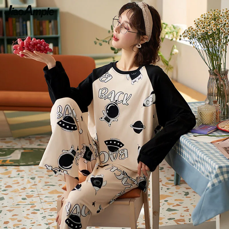 Women's Pajamas 2022 Spring Autumn New Cotton Long-sleeved Trousers Pijamas Set Korean Cartoon Casual Sleepwear Homewear Suit