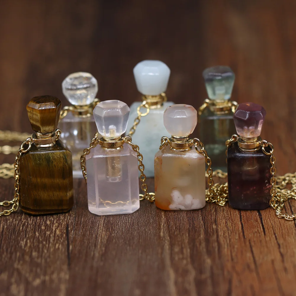 

Natural Perfume Bottle Crystal Stone Pendant Necklace Agates Aquamarine Essential Oil Diffuser Charm Copper Chain Jewelry Gift