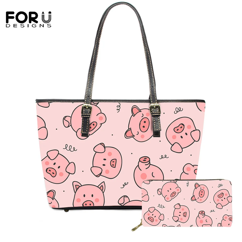

FORUDESIGN 2Set Ladies Handle Bags Casual Wallet Pink Cute Piggy Printing Ladies Ethnic Top Handle PU Bag Wallets For Females