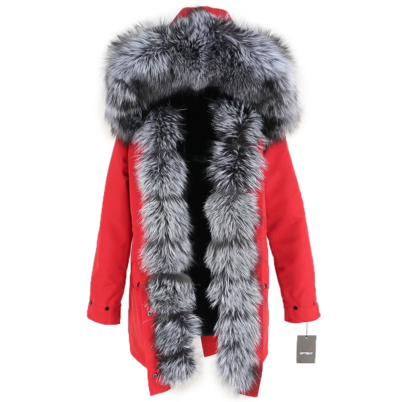 red black silver Женское пальто с натуральным мехом OFTBUY, чёрная куртка с воротником из натурального лисьего меха, водонепроницаемая длинная парка, теплая уличная верхняя одежда со съемным мехом для зимы - Цвет: red black silver