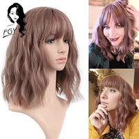 FGY Short Bob Wavy Wig Brown With Air Bangs Gradient Color Synthetic Wig Golden Shoulder-Length Ladies Natural Curly Wig Cosplay