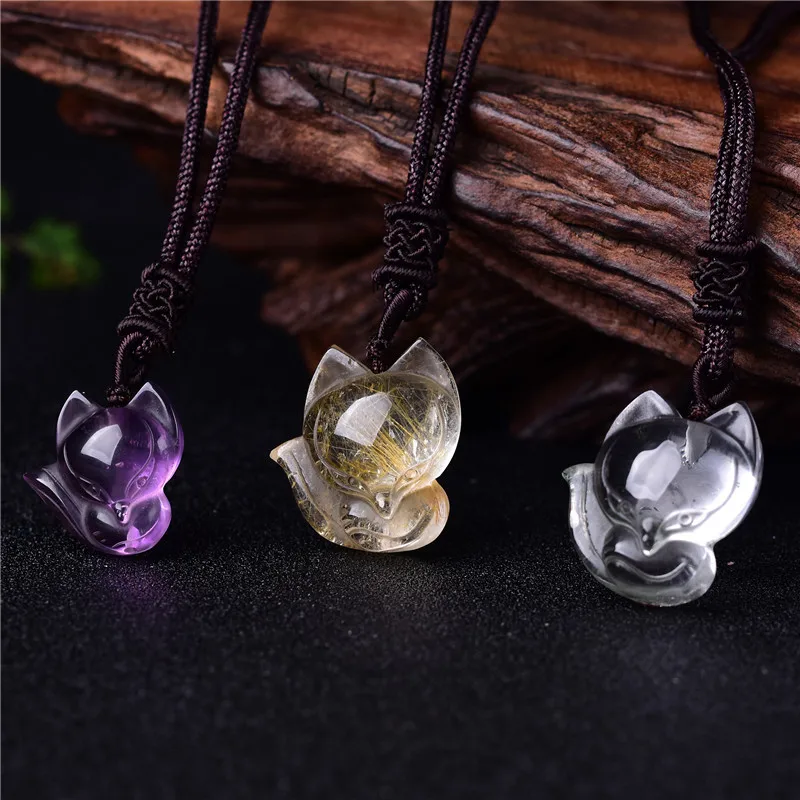 

Hand-Carved Natural Crystal Fox Pendant Men and Women Fashion Amethyst Fox Necklace Jewelry Wholesale
