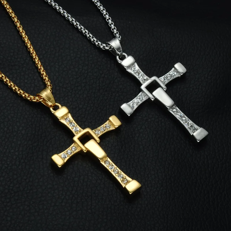 

European And American Fashion Simple Retro Style Stainless Steel Diamond Inlaid Star Same Cross Pendant Necklace