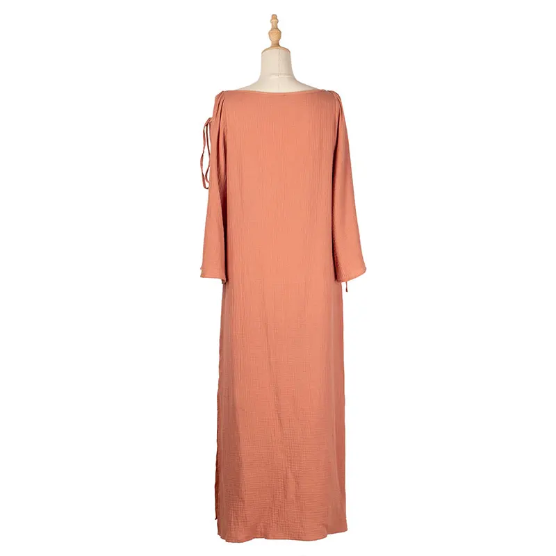 

KNOYEER Solid Collor Slit Long Sleeve Loose Dresses Women 2021 Vintage O Neck Drawstring Casual Spring Autumn Party Maxi Dress