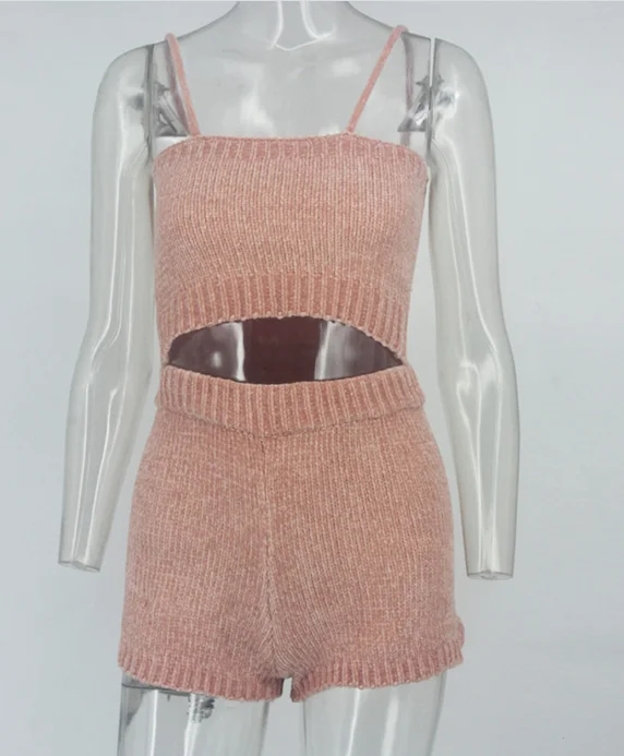 

2PCS/Set Women Tracksuit Set Ladies Strapless Wear Cable Knit Crop Top Streetwear Suit Solid Crop Top Shorts Suit Clothes