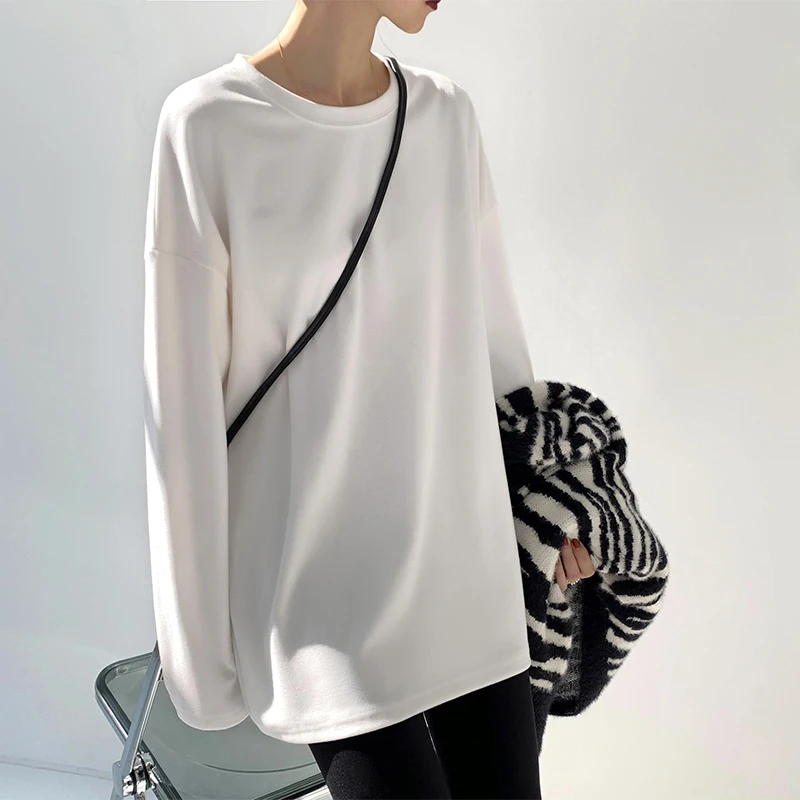 

women's long sleeve simple loose round neck solid color overlay 2021 new spring and summer top with bottom shirt