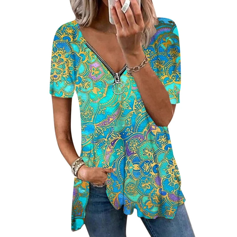 

2022 Women Summer Short Sleeve Woman Loose T Shirts Casual Vintage Print Tee Shirt Fashion Sexy V Neck Zipper Tops Pullover
