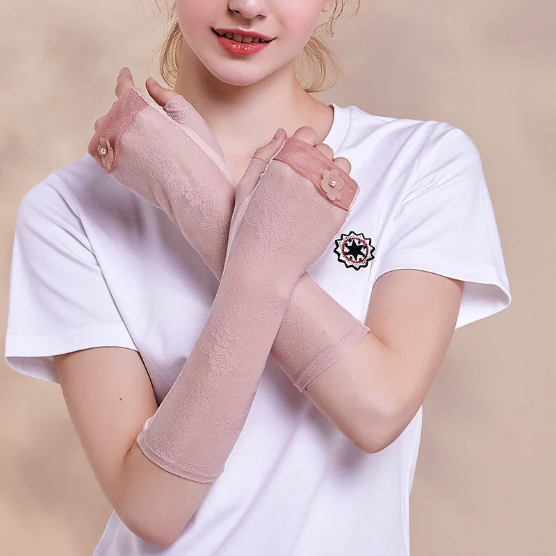 

Summer Women Ice Silk Sexy Lace Flower Thin Breathable Soft Sunscreen Non-Slip Mid-length Cycling Drive Sleeve Mittens Gloves