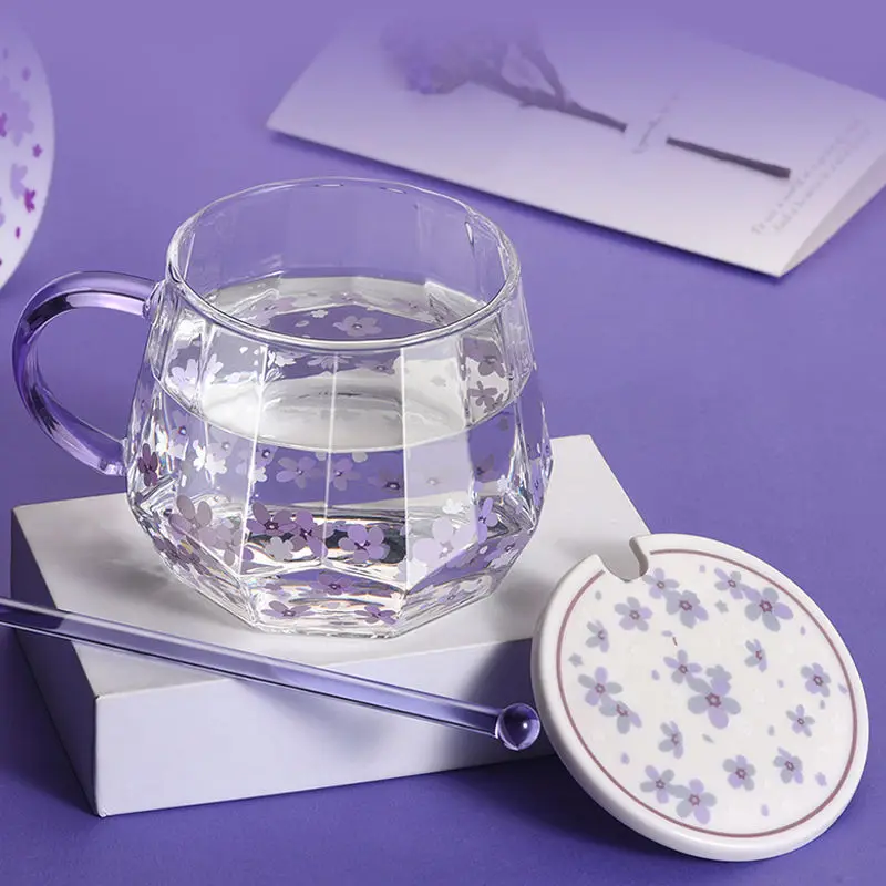

3D Diamond Cut Glass Coffee Mugs, Purple Flower Print Cup Body Creative Milk Juice Starbuck Coffee Cup