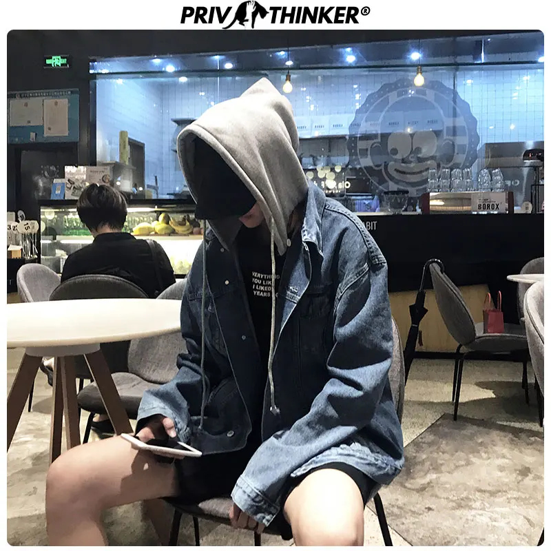 Мужские свободные джинсовые куртки Privathinker Корейская верхняя одежда с капюшоном