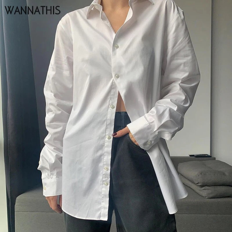 

Женская футболка с отложным воротником WannaThis, Повседневная белая футболка с длинным рукавом и пуговицами, большие сексуальные топы, Женская...