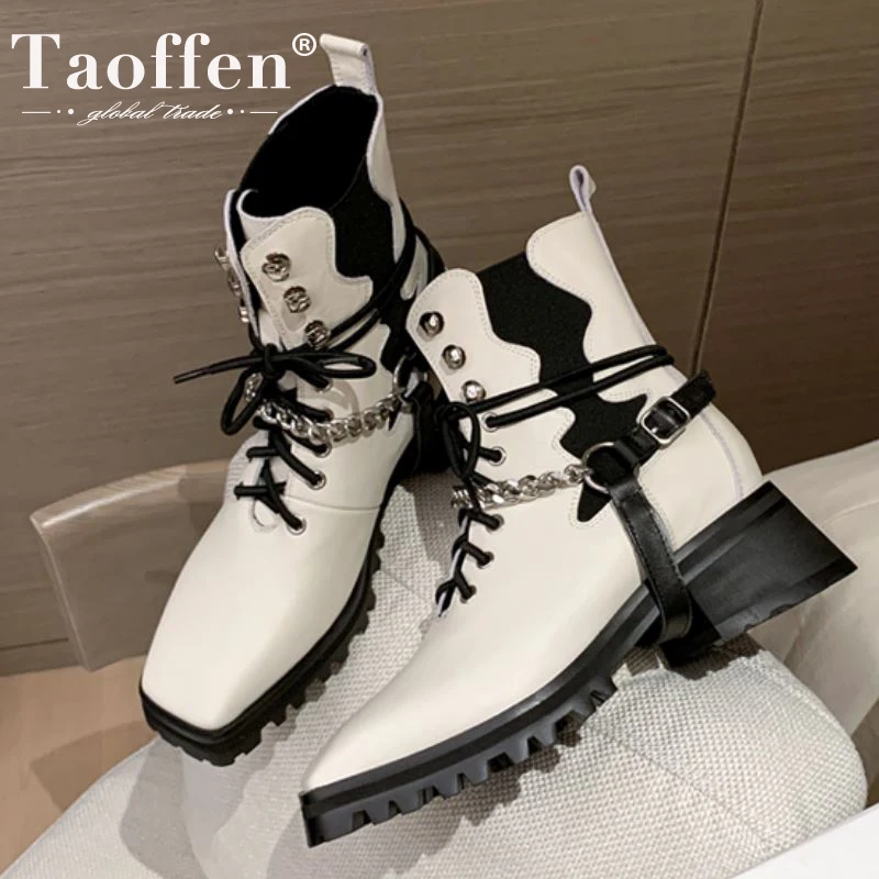 

TAOFFEN/Женская обувь из натуральной кожи; Ботильоны на толстом каблуке с металлическими цепочками и заклепками; Стильная женская обувь в стил...