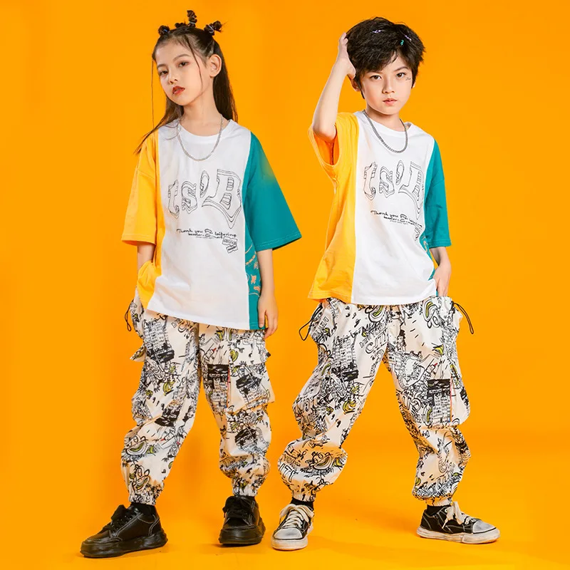 

Kid Hip Hop Clothing Color Block Oversized T Shirt Top Streetwear Harajuku Jogger Pants for Girl Boy Jazz Dance Costume Clothes