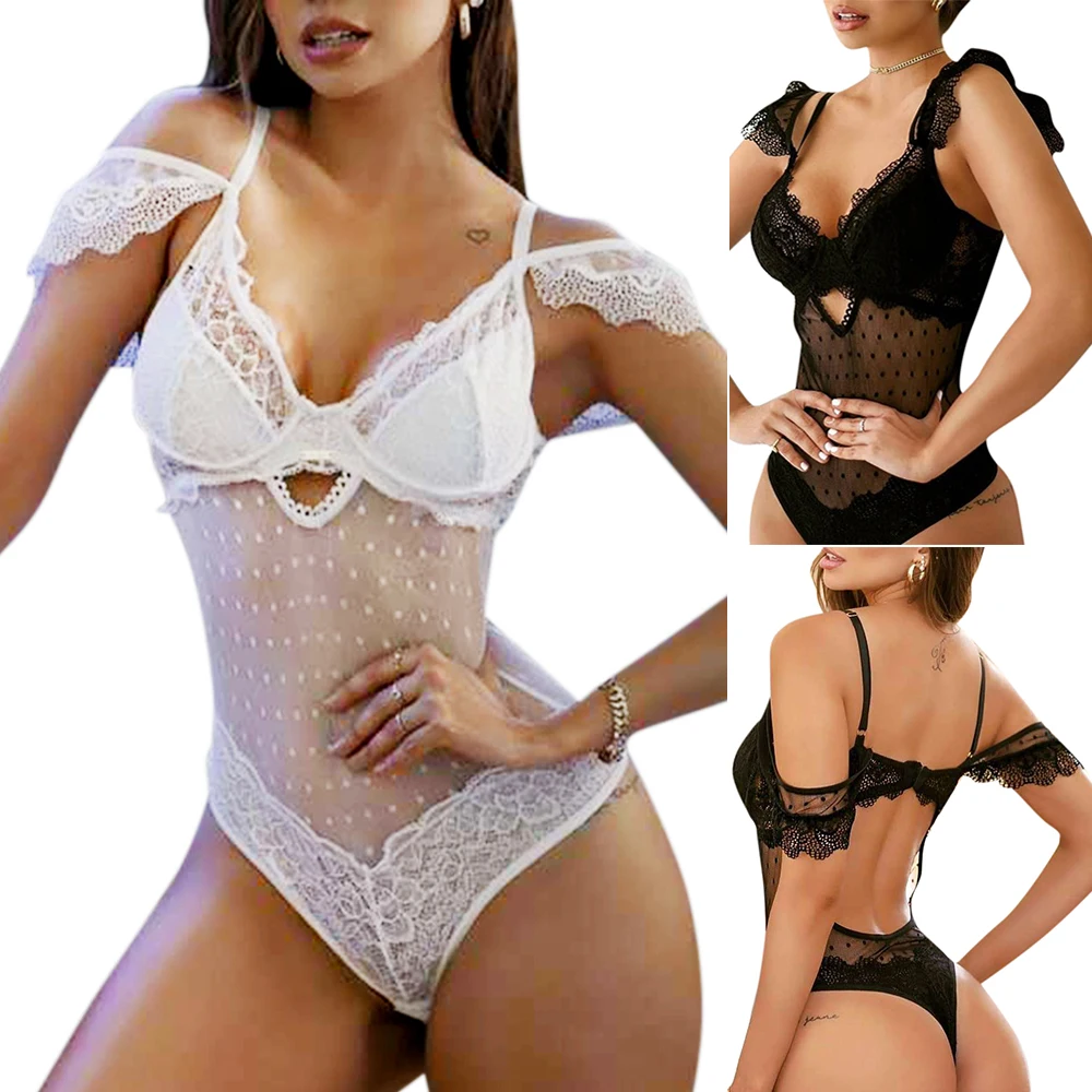 

Women Black Bodysuit Sexy Lingerie Underwear G-String Thong Sleepwear Ruffler Hollow Out Suit Lace Exotic Apparel
