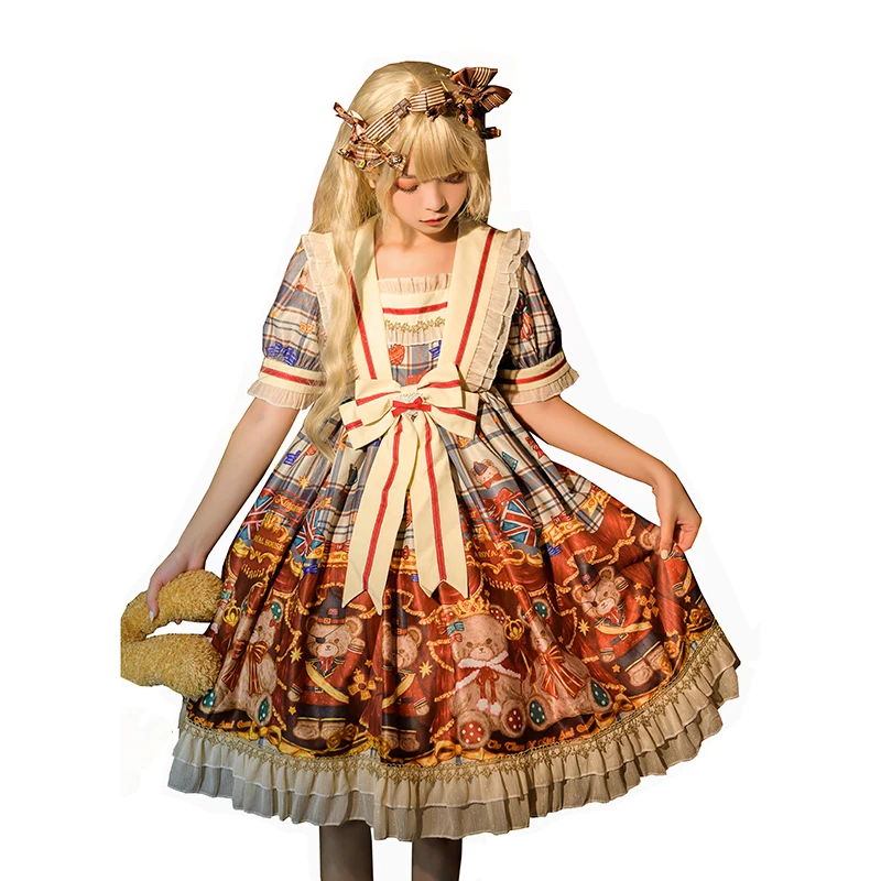 

Sweet Lolita Dress Women Kawaii England Knight Bear Print Short Sleeve Op Prom Girly Victorian Vintage Bow Party Dresses 2021