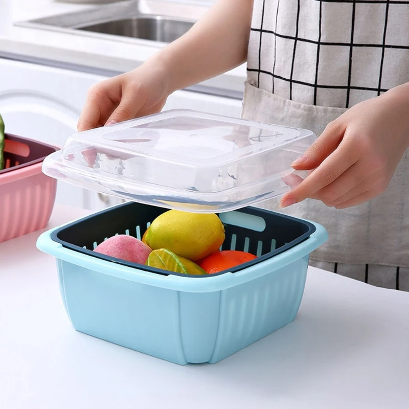 

3 In 1 Double Layer Drain Basket Box with Lid Multifunction Refrigerator Crisper Storage Container Vegetable Organizer