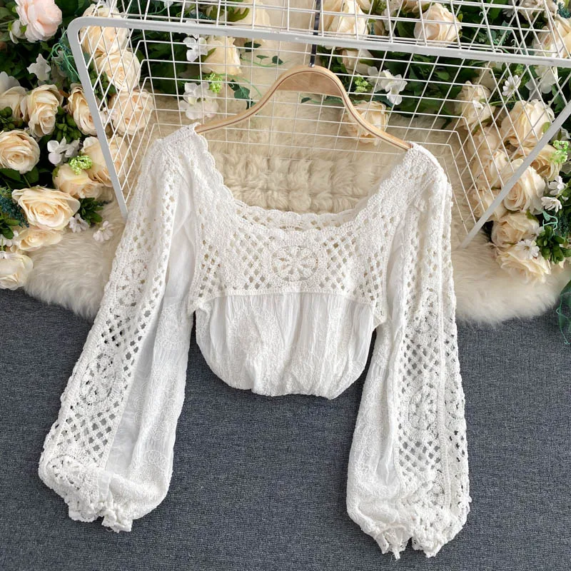 Богемный винтажный вязаный крючком ажурный топ Женская Новая модная рубашка с