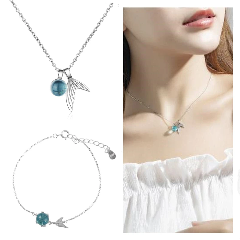 

Top Quality Silver 925 Sterling Necklace Bracelets Women Jewelry Set Cute Fish Tail Pendant Girls Choker Necklaces Female Bijou