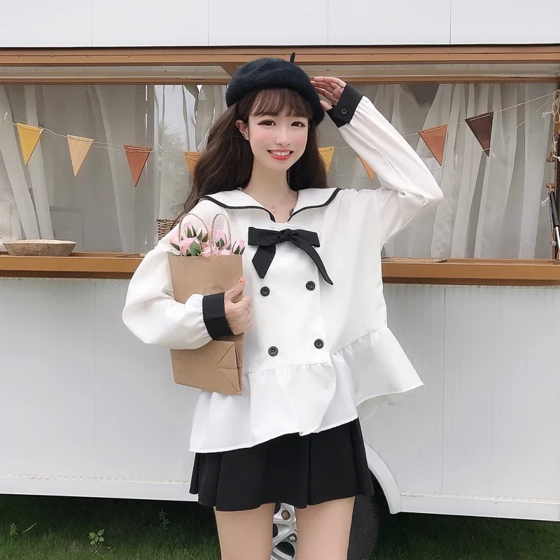 

Women's Clothing japan style fashion brand shirts temperament sailor collar long sleeve bow new Spring autumn black button tops