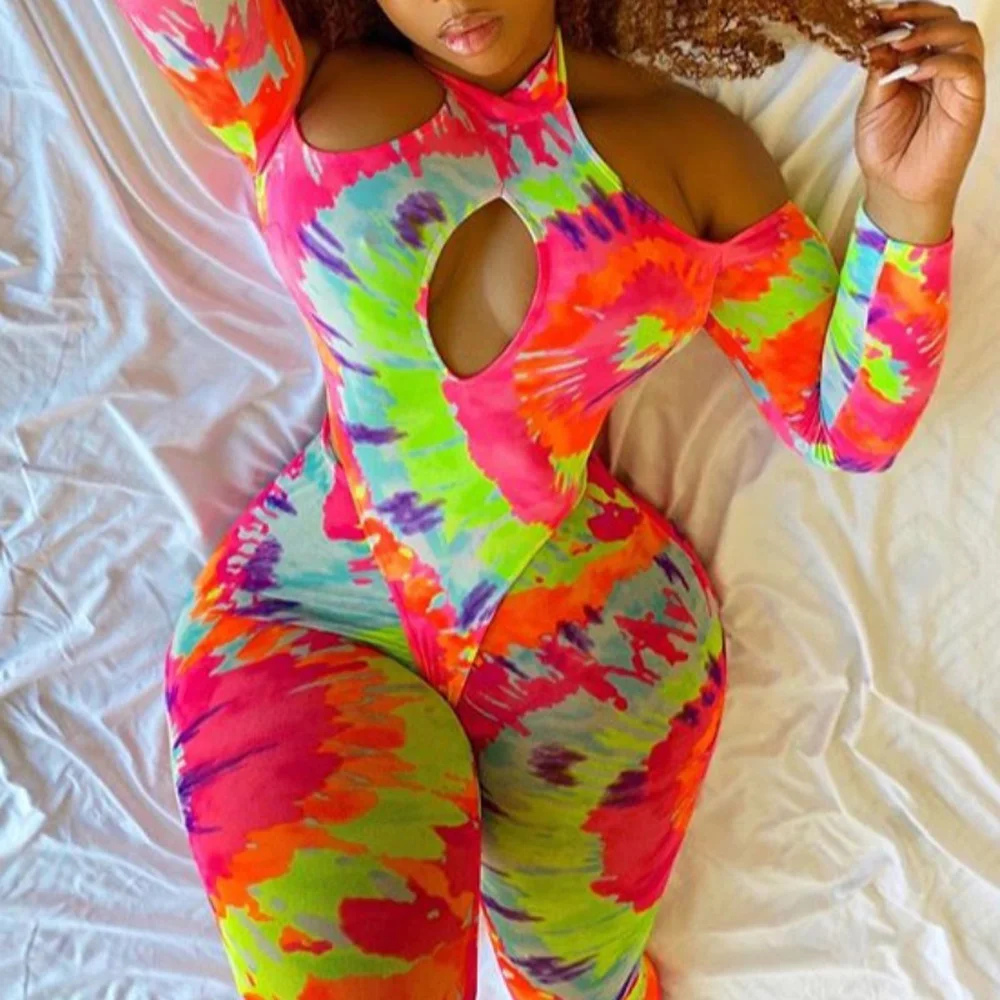 

Women Sexy 2 Pieces Sets Printed Hollow Out Cold Shoulder Tops & Bodycon Pants Elegant For Evening Night Club Wear Matching Sets