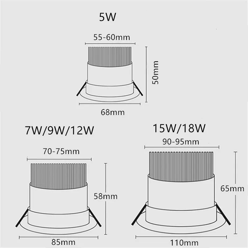 Luces LED empotradas regulables, 5W, 7W, 9W, 12W, 15W, 18W, COB, foco de techo, AC85 ~ 265V, lámparas de fondo LED de iluminación interior