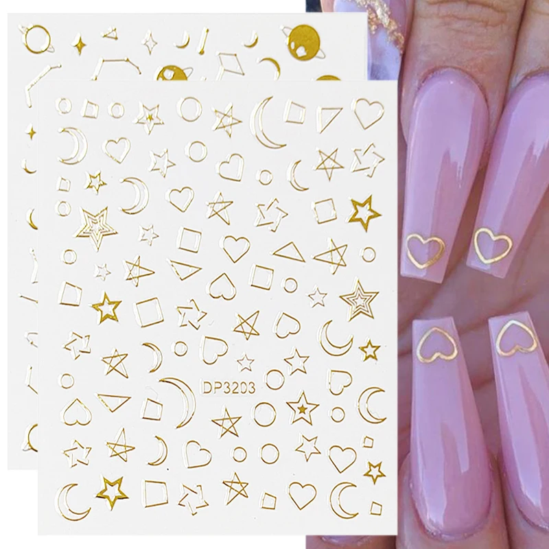 3D наклейки для ногтей с золотыми геометрическими линиями черные надписи