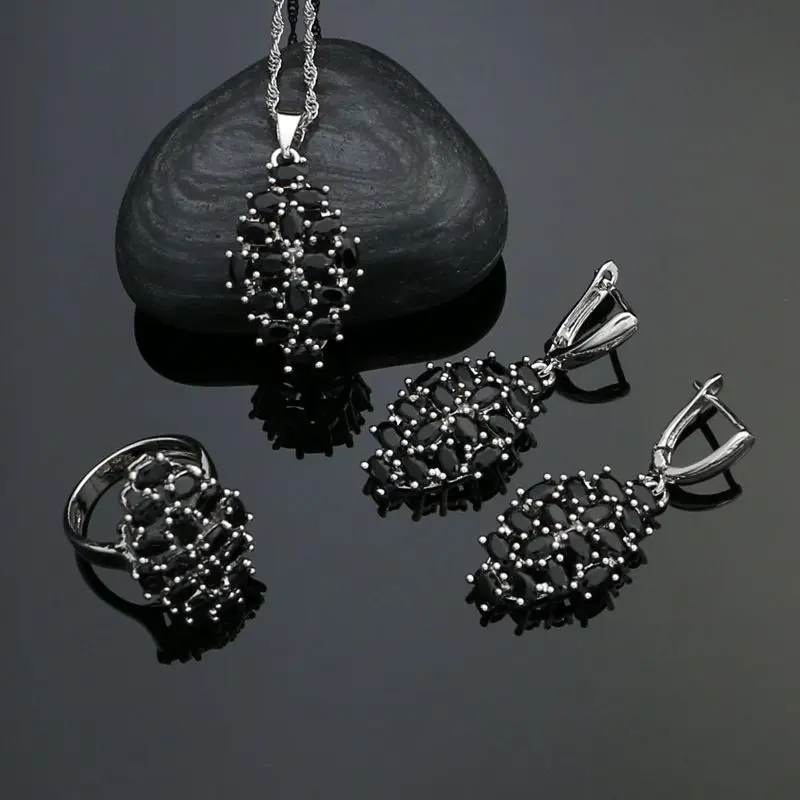 

Silver 925 Jewelry Sets For Women Party Accessories Black Cubic Zirconia Earrings Ring Necklace Pendant
