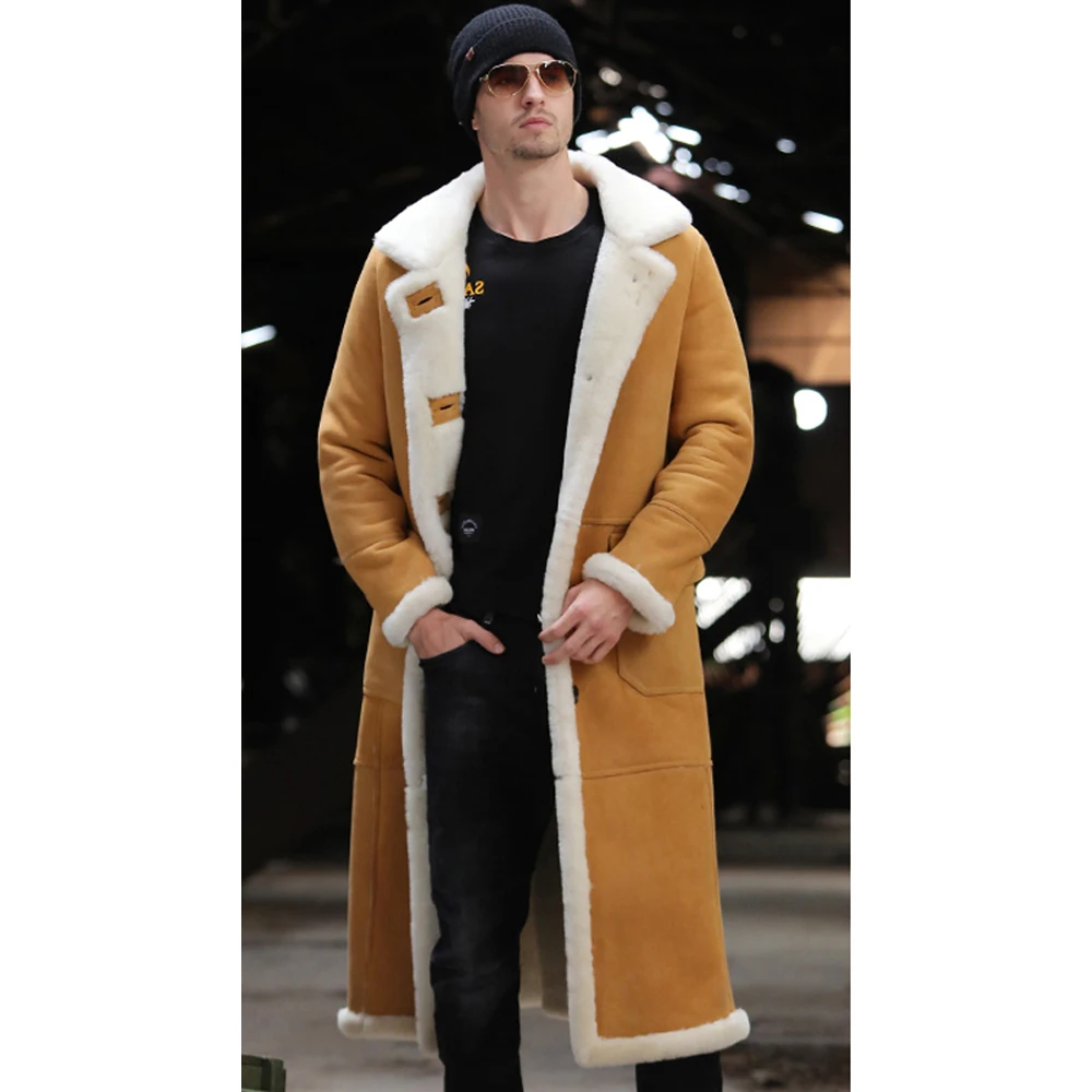 

Sheep X-Long Genuine Shearling Jacket Real Fur Lining Sheep Skin Coat Male Winter Warm Jacket Men Fur Handsome Long Overcoat