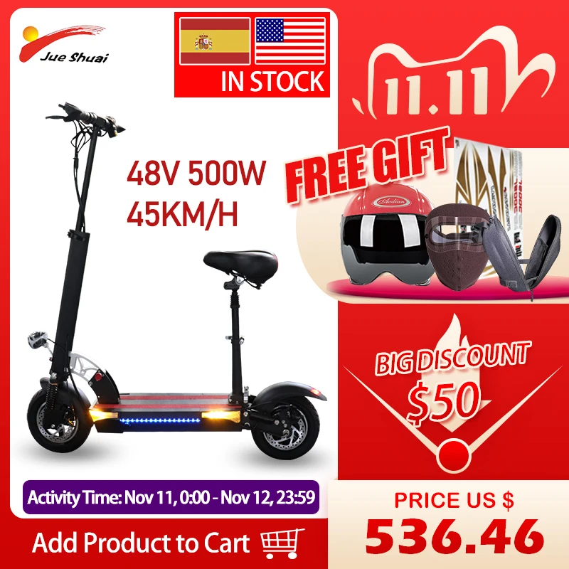 Беспошлинно 48V 500W электрический самокат с сиденьем 10 дюймов мотор-колесо 100 км