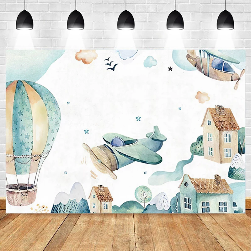 

Mocsicka Oh Baby Photography Background Airplane Hot Air Balloon Decoration Props Newborn Baby Shower Photo Backdrop Banner