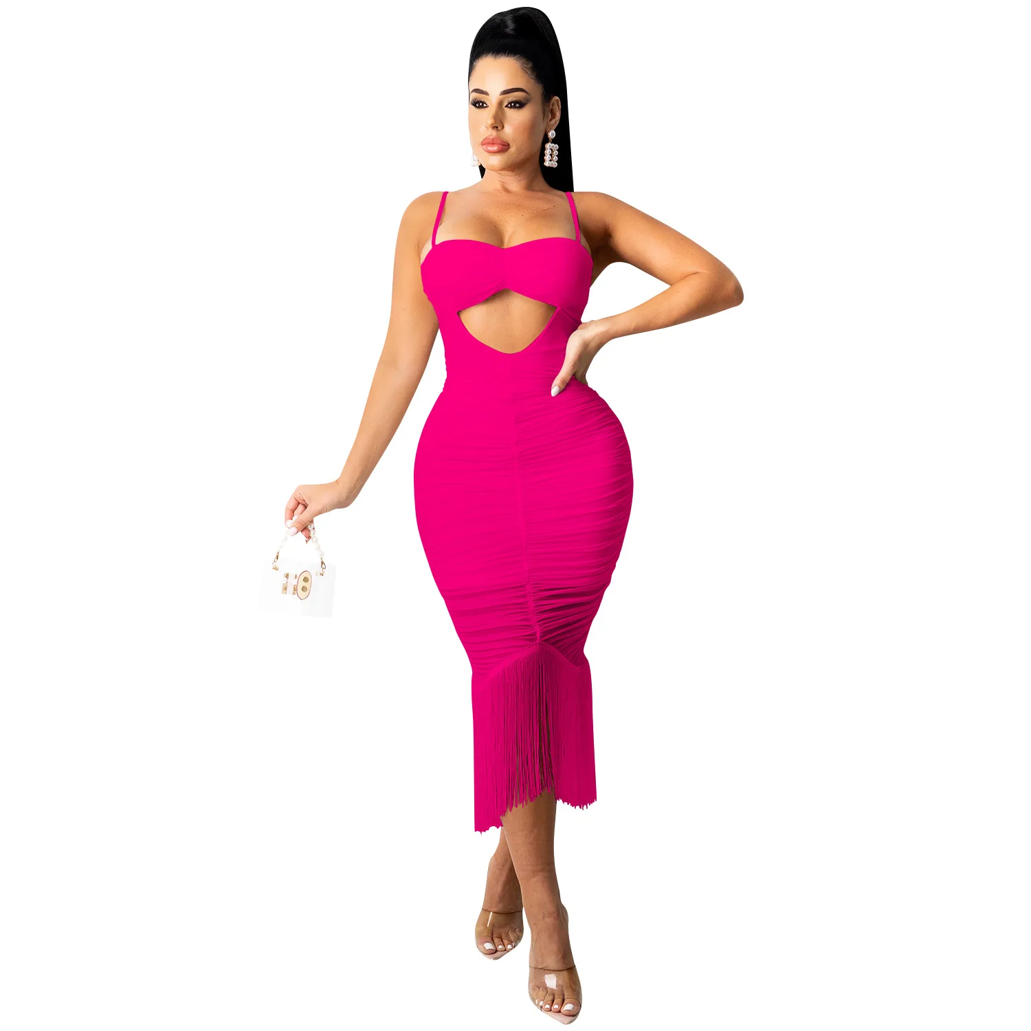 

2021 Women Midi Dress Cut Out Tassel Stretchy Solid Sleeveless Strap Slash Neck Dresses Sexy Fashion Outfits Summer