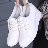 women cow leather fashion sneakers height increasing lace up casual shoes round toe loafers mid heel trainer boots party