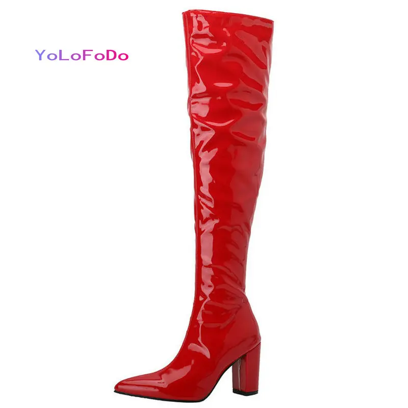 

Black Red White Women Over the Knee Boots Patent PU Leather Square High Heel Pointed Toe Ladies Thigh Boots Side Zipper Boots