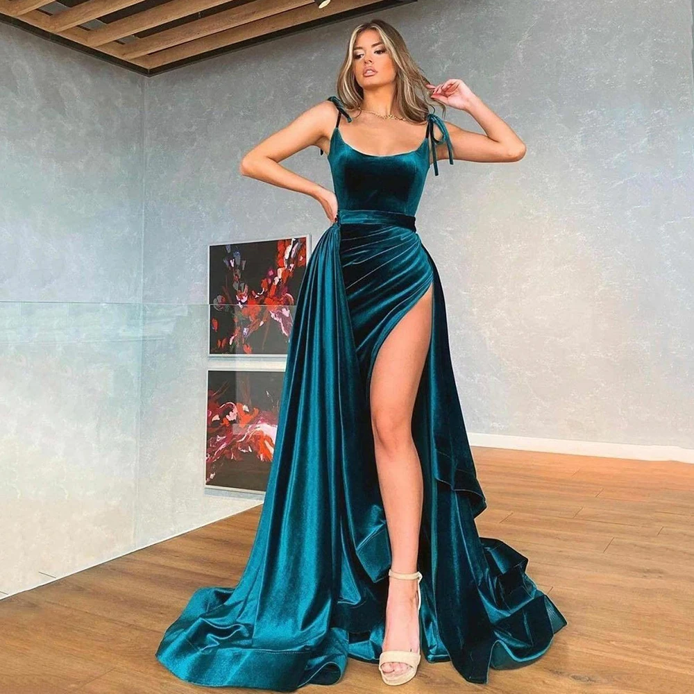 

Hot Sale A Line Velvet Prom Dress Scoop Neckline Spagheti Straps High Split Evening Dress Floor Length Vestido De Noche