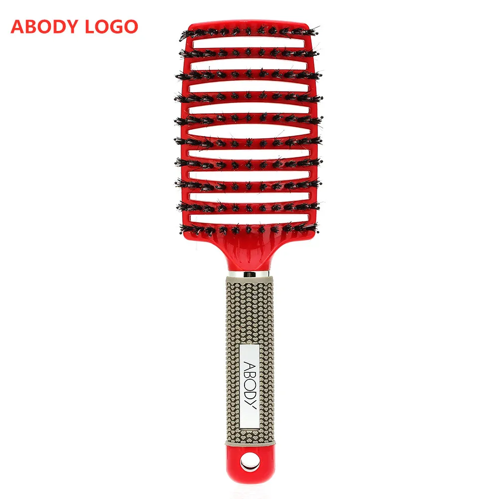 ABODY LOGO RED Изогнутая щетка для волос из шерсти кабана, профессиональная распутывающая расческа для волос, массажная расческа, расческа для укладки волос для женщин и мужчин - Цвет: ABODY LOGO RED