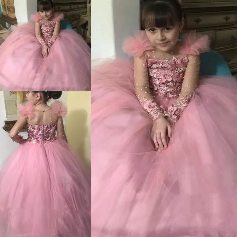 2020 розовое платье для девочки с цветочным принтом Кружевная аппликация пушистые
