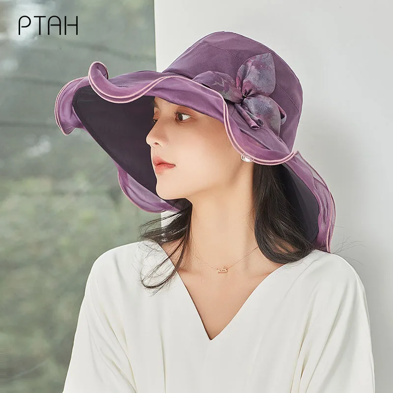 

[PTAH] 2021 Summer New 100% Mulberry Silk Hat Women's Sun Protection Cap UPF 50+ Breathable Lightweigh Hat Female Not Polyester