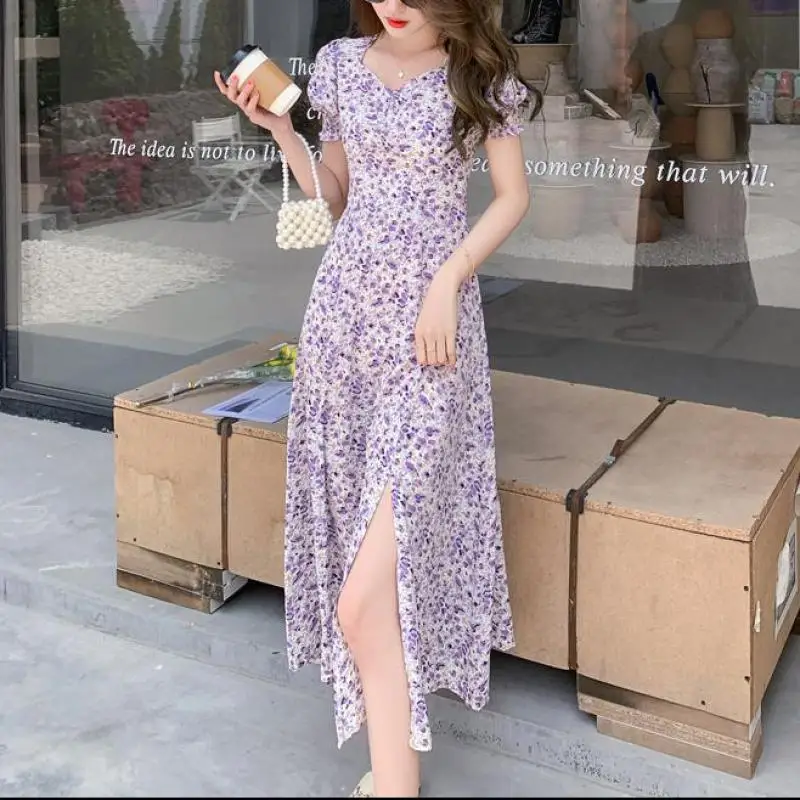 

Women Dress Plus Size Summer Fashion Square Collar A-line Mid-calf Flower Pattern Short Puff Sleeve 2021
