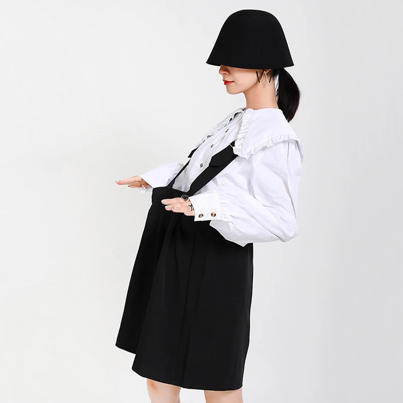 

[EAM] High Waist Black Pleated Wide Leg Overalls Trousers New Loose Knee Length Pants Women Fashion Spring Autumn 2021 1DA214