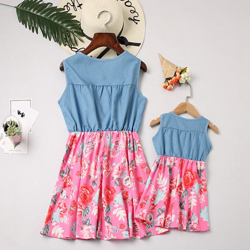 Summer Mother Daughter Dresses Sleeveless Mommy And Me Family Matching Clothes Kids Girl Ruffles Floral Patchwork Mini Dress | Мать и