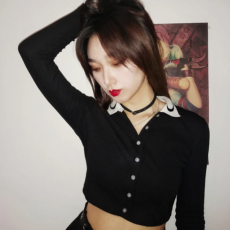 Rapwriter Повседневная футболка с длинным рукавом Harajuku Moon Graphic Basic для женщин, осень, уличная одежда с отложным воротником, Стрейчевые укороченные топы