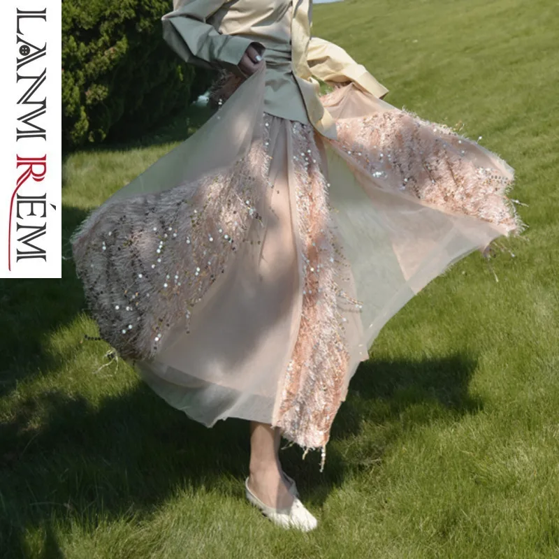 LANMREM 2020 Весенняя расшитая блестками юбка с сеткой модная Новая эластичная