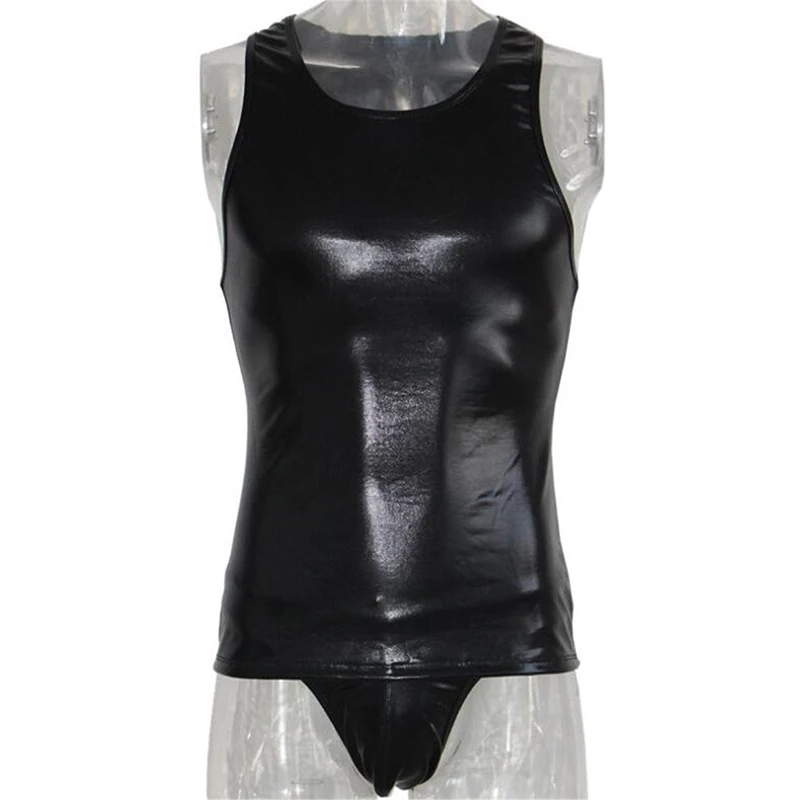 Sexy Men Vinyl Undershirt Lingerie Set Black Leather Tank Top Low Waist G-String Thongs Underwear Male Erotic Wetlook Clubwear