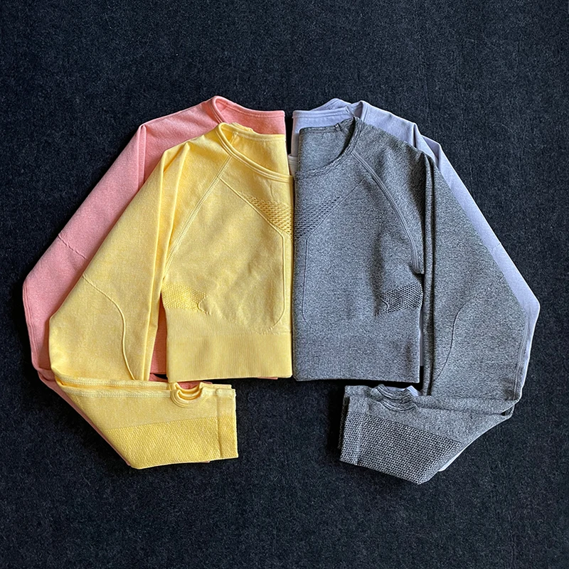 

Women Seamless Long Sleeve Crop Top Yoga Shirts With Thumb Hole Running Fitness Workout Gym Sports Top Hollow Out Sportswear