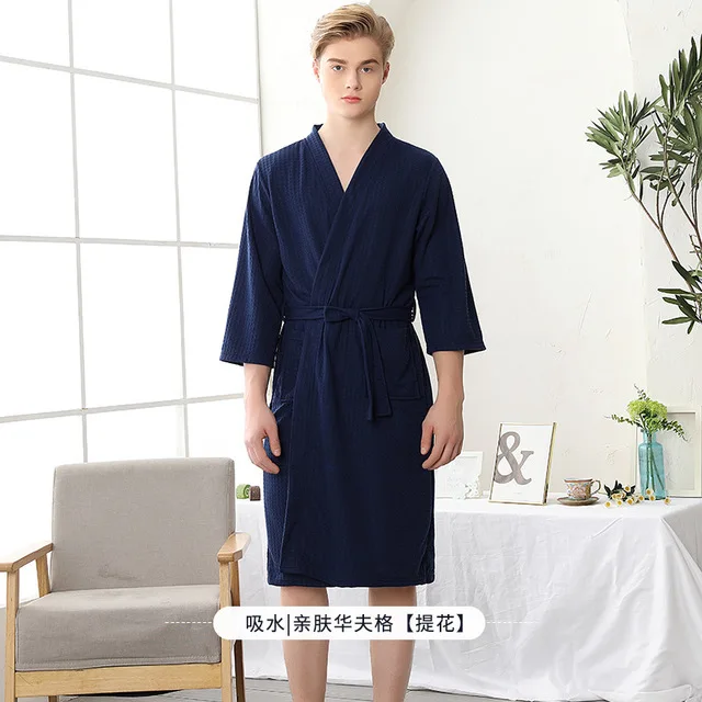 men navy blue Весенне-осенний парный халат с v-образным вырезом, одежда для сна, банный халат, повседневное однотонное китайское кимоно, свободное интимное нижнее белье, халаты - Цвет: men navy blue