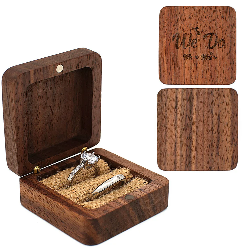 

1X Walnut Wood Ring Bearer Box Rustic Wedding Ring Box Square Gift Jewelry Box Portable Ring Holder Wedding Ring Box