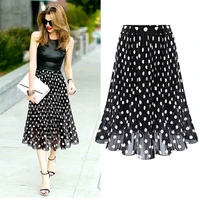 womens black white tulle polka dot chiffon pleated summer skirts big plus size korean midi flared for ladies elastic elegant