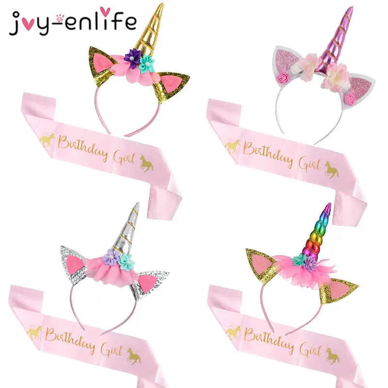

Baby Shower Birthday Girl Unicorn Headband with Sash paper plate cups Girl 1st One Year Birthday Party Decoration Unicorn Party