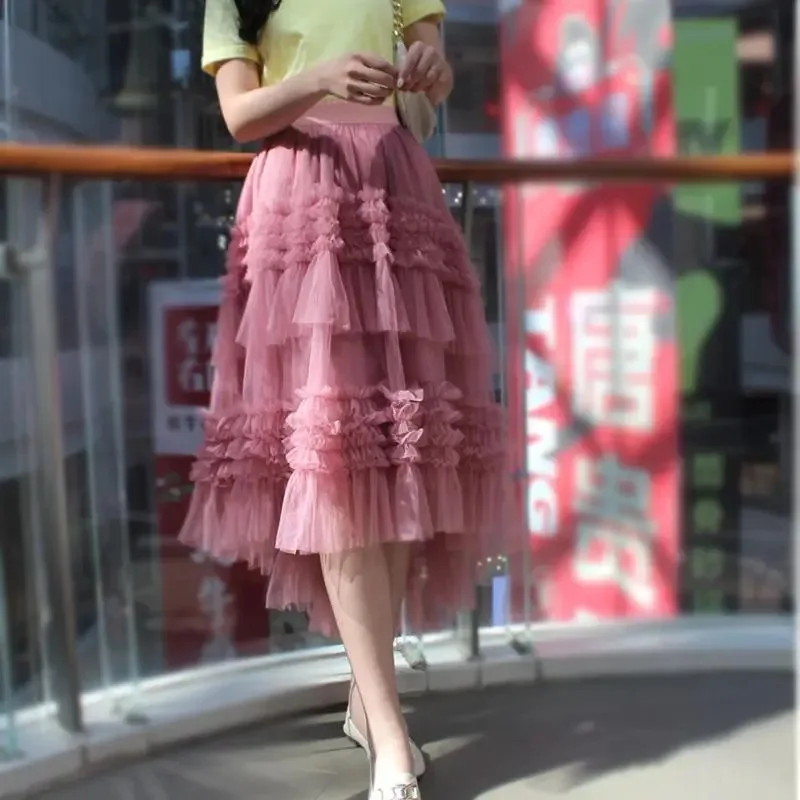 

Half-length Skirts Womens 2021 New Layer Cake Skirt Elastic Waist Design Sense Gauze Skirt Mid-length Irregular Skirt Mini Skirt