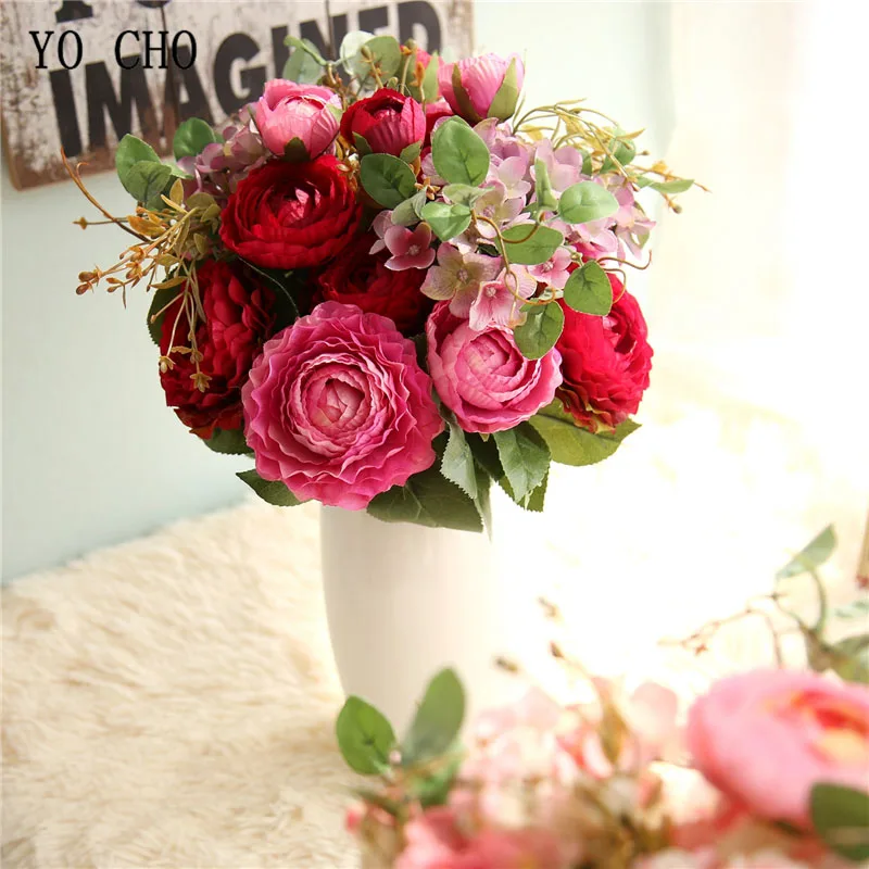 

YO CHO 1 Bundle Silk Artificial Peony Flowers Bride Bouquet Home Wedding New Year Party Decoration Faux Silk Flowers Table Decor